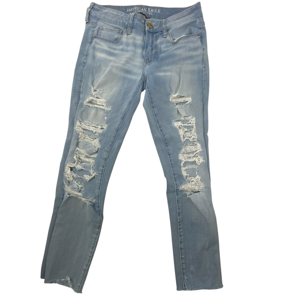 American Eagle 360 Super Stretch Skinny Jeans Light Wash Distressed Womens 4